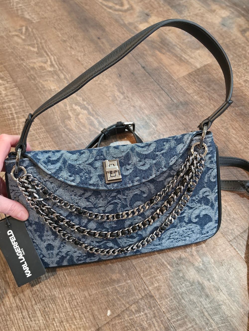 Karl Lagerfeld Blue Jacquard Chain-Detail Shoulder Bag - Picture 2 of 9
